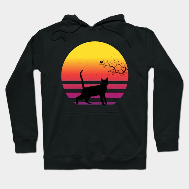 Cute Cat Watching Bird On Tree Vintage Retro Sunset Hoodie by SinBle